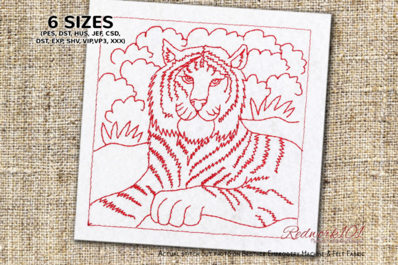 Striped Tiger Sitting on Grass Redwork Review